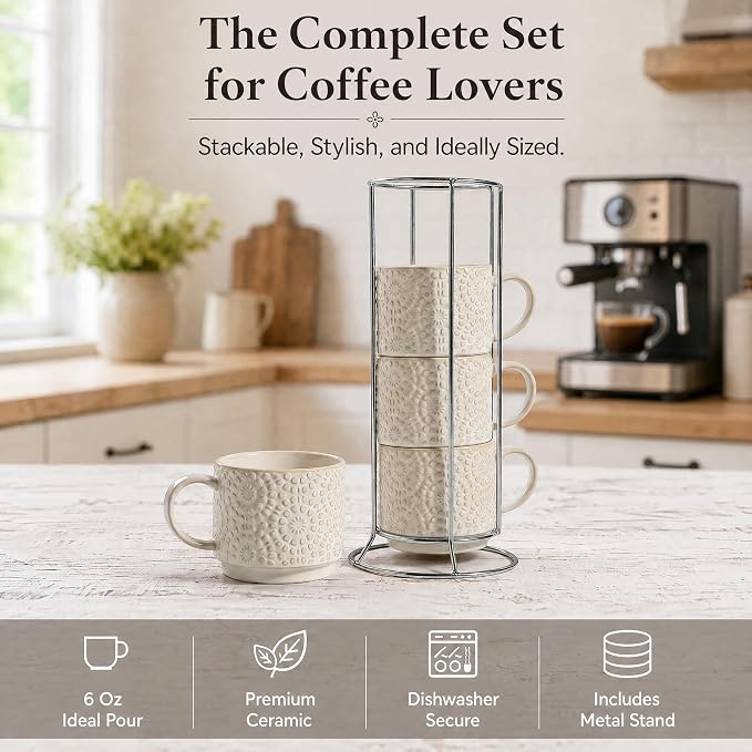 6 Oz Coffee Cups Set of 4, Stackable Espresso Cups with Metal Stand, Ceramic Cappuccino Cup, Embossed Coffee Mugs for Latte, Cocoa, Mocha, Tea, Housewarming Present, Dishwasher Safe - Image 8