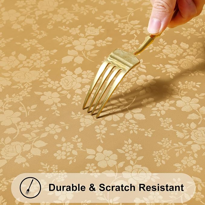 Smiry Rectangle Waterproof Heavy Duty Vinyl Tablecloths, 60 x 120 Inch | Wipeable Washable Floral Embossed Table Cover for Kitchen and Dining Room, Indoor & Outdoor Use, Gold - Image 5