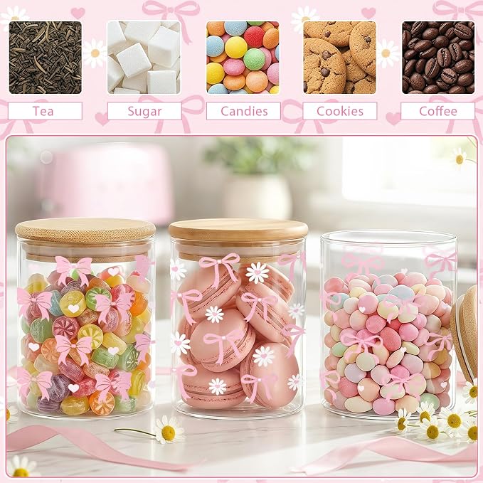 Pink Bow Glass Storage Jars with Lids, Candy Cookie Jars, 3 Pcs | Pink Bow Cute Preppy Kitchen Canister Set for Women Girls Cute Kitchen Counter Decor Airtight Candy Cookie Containers - Image 6