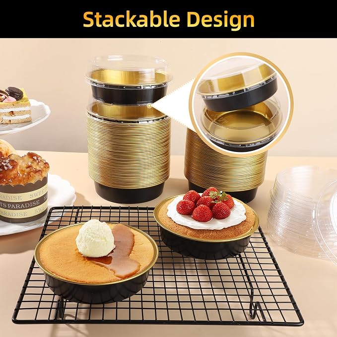 Beasea Disposable Creme Brulee Ramekins with Lids, 120 Pack 4 Inch 8oz Mini Pie Tins Black Gold Mini Small Aluminum Foil Pie Tart Cake Baking Pans Individual Round Containers Oven Safe for Baking - Image 6