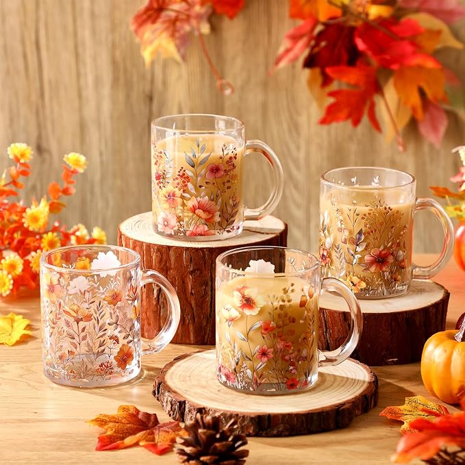 Tioncy 4 Pcs Fall Floral Coffee Mugs 12 oz Flower Glass Cups with Handle Thanksgiving Floral Coffee Cup Autumn Mug Sweet Fall Gifts Drinking Containers for Harvest Holiday Party (Wildflower) - Image 2