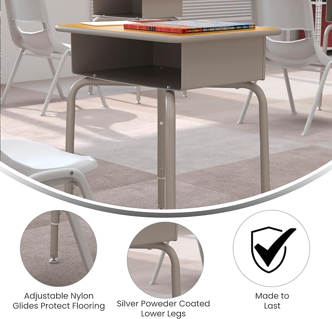 Flash Furniture Billie Student Desk - Maple Open Front School Desk - Silver Metal Frame - 24"W x 18"D Adjustable Height, Durable for School or Remote Learning - Image 4