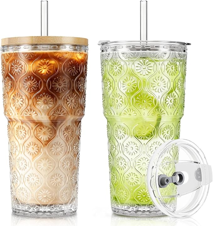 SoulTimes 20oz Begonia Flower Glass Tumbler with Bamboo Lid and Straw–Iced Coffee Glasses Cups for Smoothie, Matcha, Juice, Water etc. Leakproof and Reusable Glassware Drinking for Travel To Go [2Pcs] by SoulTimes