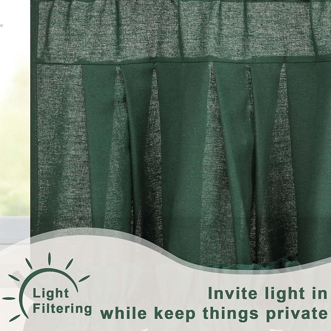 Likiyol Linen Valances for Windows Farmhouse Ruffle Swag Valance Rustic Country Window Valances Light Filtering Kitchen Curtains Rod Pocket Valance Curtains for Bathroom Cafe, Dark Green, 60"W x 36"L - Image 4