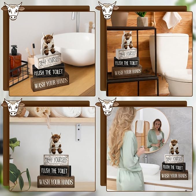 Moucuny 4 Pcs Highland Cow Bathroom Decor Set Funny Rustic Wooden Tiered Tray Signs with Highland Cow Toilet Figurine, Farmhouse Bathroom Shelf Decor, Etiquette Reminders for Restroom Toilet Vanity - Image 5