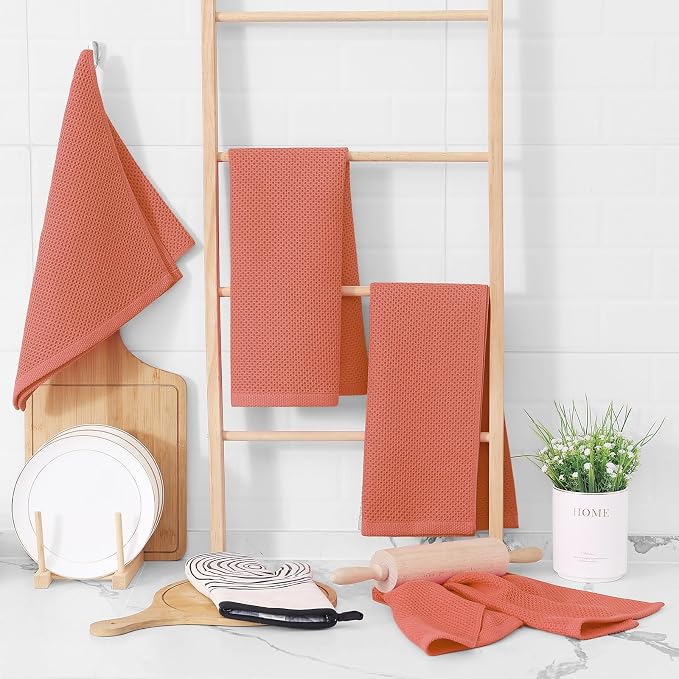 Homaxy 100% Cotton Waffle Weave Kitchen Dish Towels 6-Pack, Coral | 13 x 28 Inches, Ultra Soft Absorbent Dish Towels, Quick Drying Cleaning Towels - Image 6