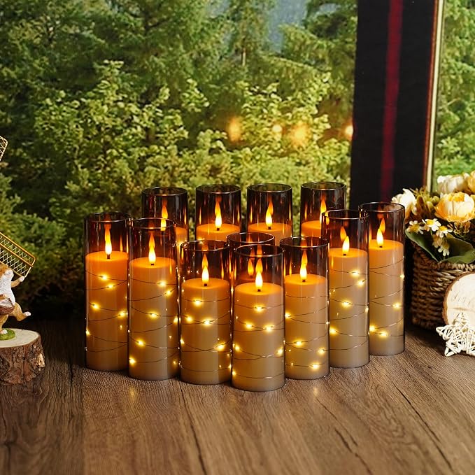 Sasigeiaa Flameless Candles with Embedded Star String - Battery Operated LED Candles, with Remote,12 Grey Flickering Candles for Christmas, Weddings, Home Decor & Party,(D 2.3"×H 5" 6" 7") - Image 2