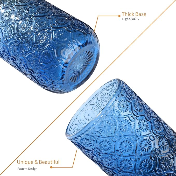 Set of 8 Vintage Embossed Glassware,4 Highball Glasses 14oz & 4 Rocks Drinking Glasses 9oz, Blue, Art Deco, for Wine, Water, Cocktail, Juice, Whiskey, Gift - Image 7