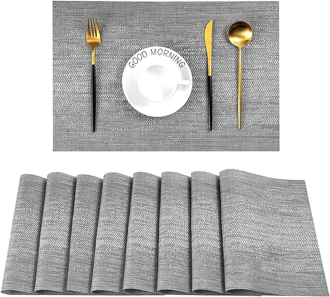 Leetaltree Grey Placemats, Heat Resistant Non-Slip Place mats for Dining Table, Washable Durable PVC Vinyl Woven Table Mats (Set of 8) by Leetaltree-ArtatEveryTable