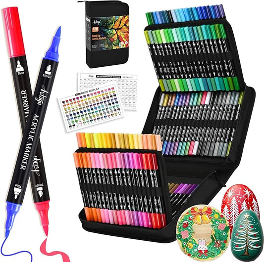 120 Colors Acrylic Paint Pens, Dual Tip Markers With Fine Tip and Brush Tip for Rock Painting, Ceramic, Wood, Plastic, Calligraphy, Scrapbooking, Brush Lettering, Card Making, DIY Crafts