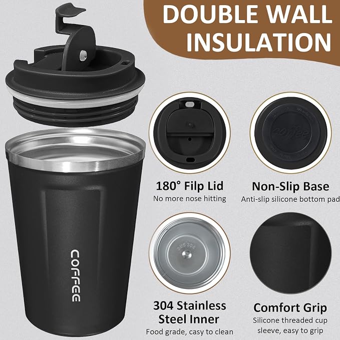 4 Pack Travel Coffee Mug 17oz Insulated Coffee Cup with Lid, Reusable Thermal Coffee Cup Stainless Steel Coffee Tumbler to Keep Hot & Cold Drinks for Car, Daily, Travel and Gifts, Black - Image 3