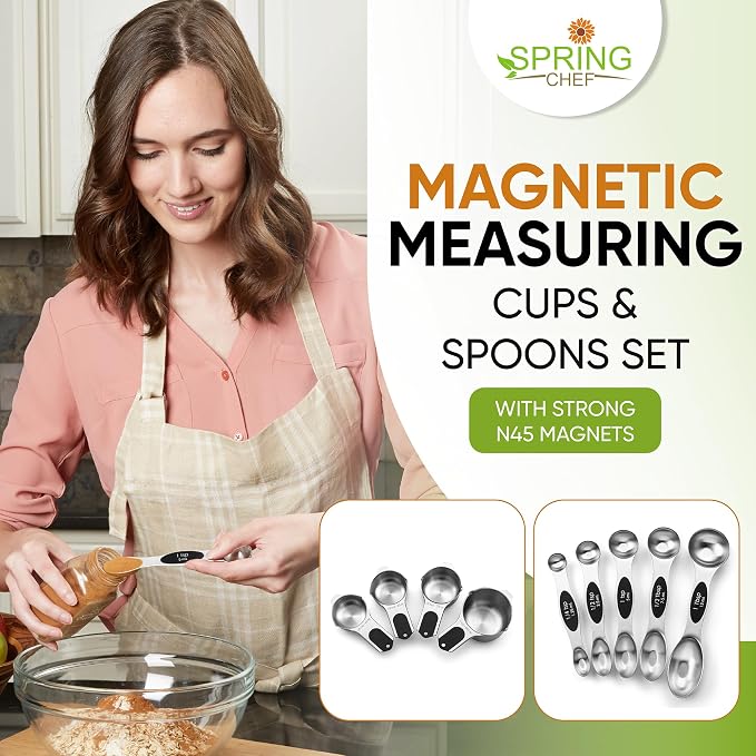 Spring Chef Magnetic Measuring Cups & Spoons Set of 9, Patented, Black | Stackable Stainless Steel Measuring Cups & Heavy Duty Metal Measuring Spoons with Levelers for Dry & Liquid Ingredients - Image 2