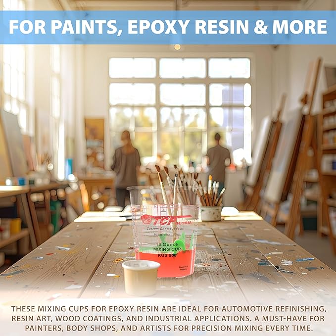 Custom Shop Paint Mixing Cups, 10-Ounce (Box of 100) - Plastic Measuring Cups for Liquids, Automotive Painting, Epoxy Resin, Acrylic Arts, Crafts, Disposable or Reusable, Graduated, Mixing Ratios