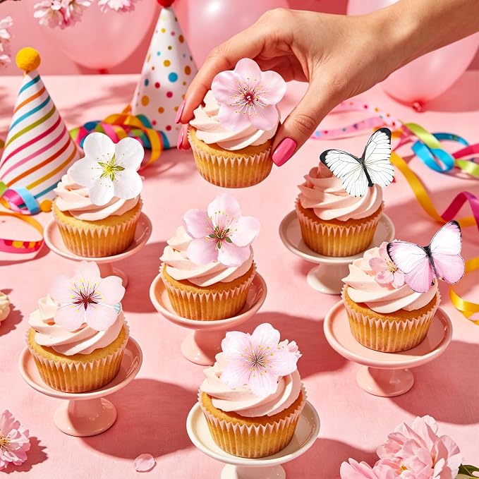 72 PCS Edible Cherry Blossoms Butterfly Cupcake Toppers Wafer Paper Flowers Cake Decorations Ideal for Baby Shower Kids Birthday Party Decorations Edible Flowers Cake Decorations for Celebrations - Image 4