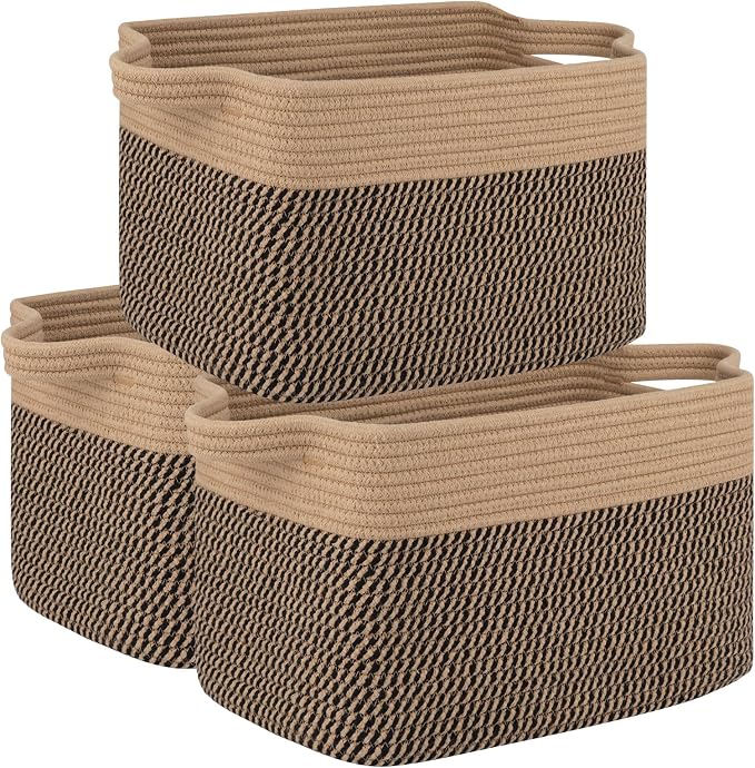 OIAHOMY 3 Pack Storage Basket for Organizing, 13''X9.85''X8.7'' Storage Bins,Woven Basket Basket with Handles, Toy Storage Basket Bin,Stylish Room Decor Basket, Brown & Black by MasterofSpaceOptimization