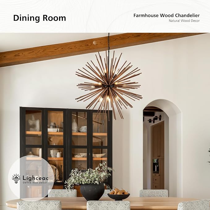 37.4" Farmhouse Sputnik Chandelier for Dining Room Rustic Handmade Natural Wood 18-Light Hanging Ceiling Pendant Light Fixture Starburst Wood Chandeliers for Kitchen Bedroom Foyer Hallway - Image 3