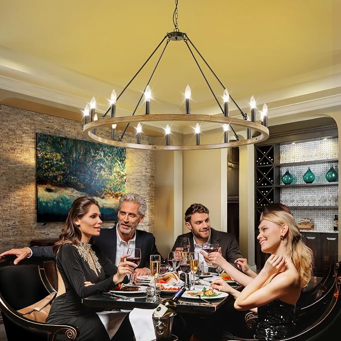 WJShome 16-Light Wagon Wheel Chandelier Farmhouse, 43" Extra Large Chandeliers for High Ceilings, Modern Chandeliers for Dinning Room, Kitchen Island, Entryway, Foyer, Living Room, Black&Khaki - Image 2