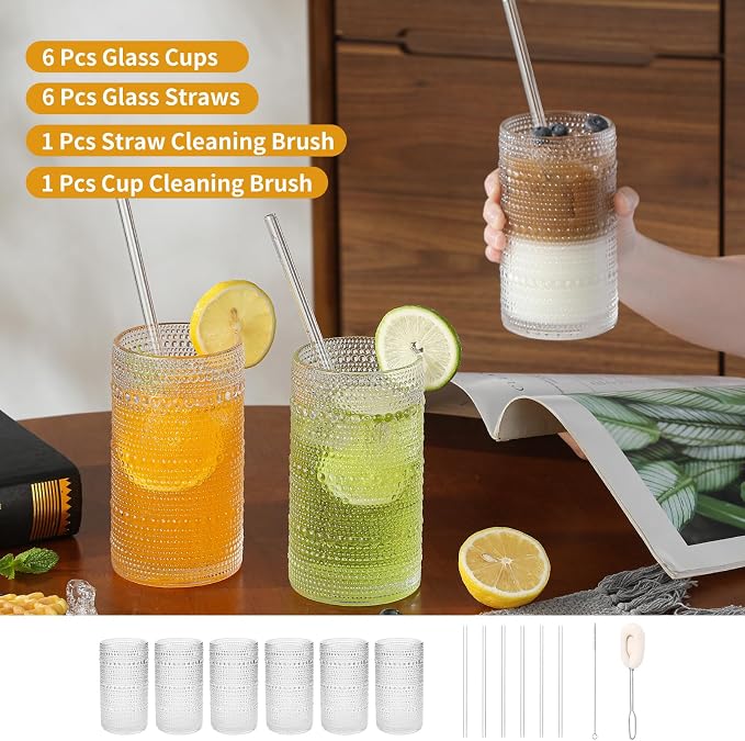 Large Vintage Hobnail Drinking Glasses Set of 6, 16oz Clear Highball Glasses Cups, Kitchen Water Glasses Cup, for Cocktail, Juice, Whiskey, Milk and Various Mixed Drinks - Image 3