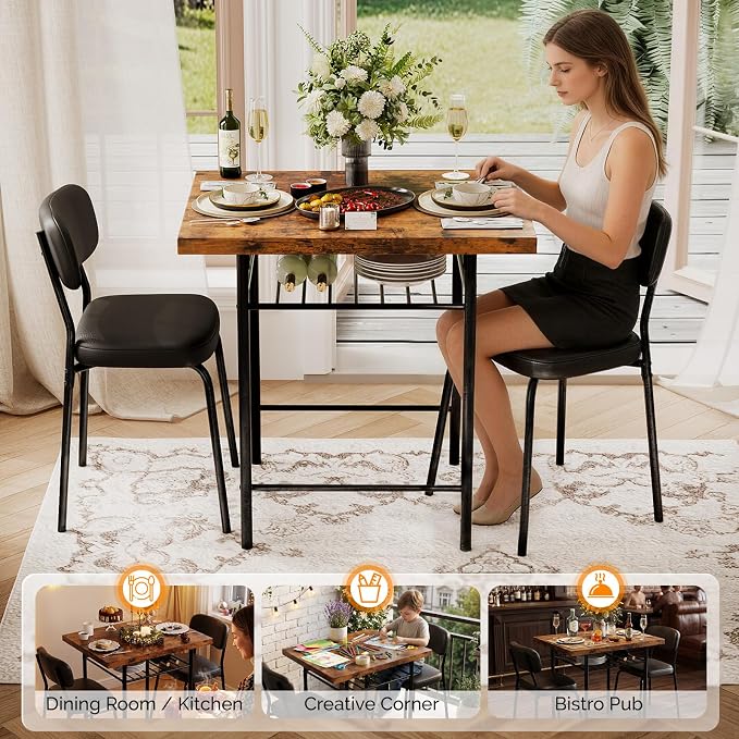 VINGLI Dining Table Set for 2, Small Kitchen Table Set with Upholstered Chairs, 3-Piece Dining Set with Storage Rack, Wood Dining Room Set with Metal Legs for Small Spaces, Living Room, Rustic Brown - Image 4