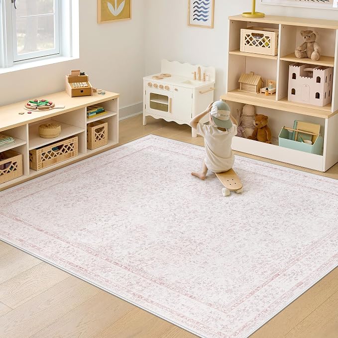 5x7 Area Rugs for Living Room: Washable Vintage Floral Rug Low Pile Non-Slip Boho Carpet for Nursery Bedroom Dining Room (Pink, 5'x7') - Image 4