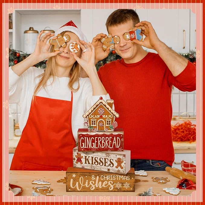 Moucuny 4 Pcs Christmas Table Decoration Gingerbread House Wooden Stacked Block Decor Gingerbread Centerpiece Block Signs Rustic Christmas Tiered Tray Decoration for Home Kitchen Coffee Bar - Image 5