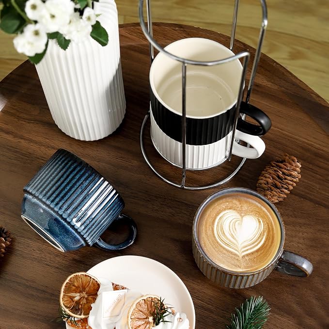 Ceramic Coffee Mugs with Stand,15 Ounce Stackable Coffee Cups Set of 4 for Latte,Cappuccino,Mocha,Cocoa,Ribbed Vintage Coffee Cups for Men Women,Dishwasher & Microwave Safe,Striped Multicolor - Image 4
