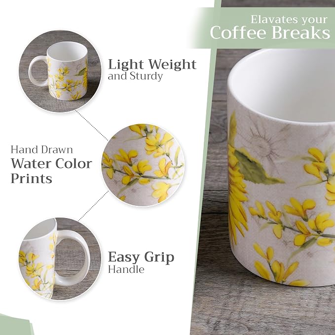 Maison d' Hermine Coffee Mug with Handles Tea Cups (12 Ounce, Pack of 1) | Fine Bone China Coffee Mugs for Hot Beverages Cappuccino Latte Home Restaurant Hotel Spring Summer -Candice - Helianthe - Image 5