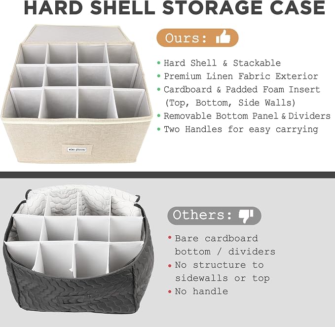 LotFancy Stemware Storage Container for Moving, Hard Shell, Stackable Wine Glass Storage Box with Dividers & Handles, Crystal Glassware, Champagne Flute, Drinkware Case, Beige - Image 2