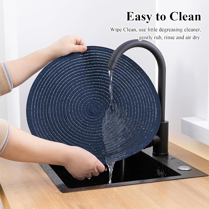 SHACOS Round Placemats Set of 8 Washable 15 inch Round Table Mats Cotton Polyester Woven Braided Place Mats for Dining Table, Navy - Image 9