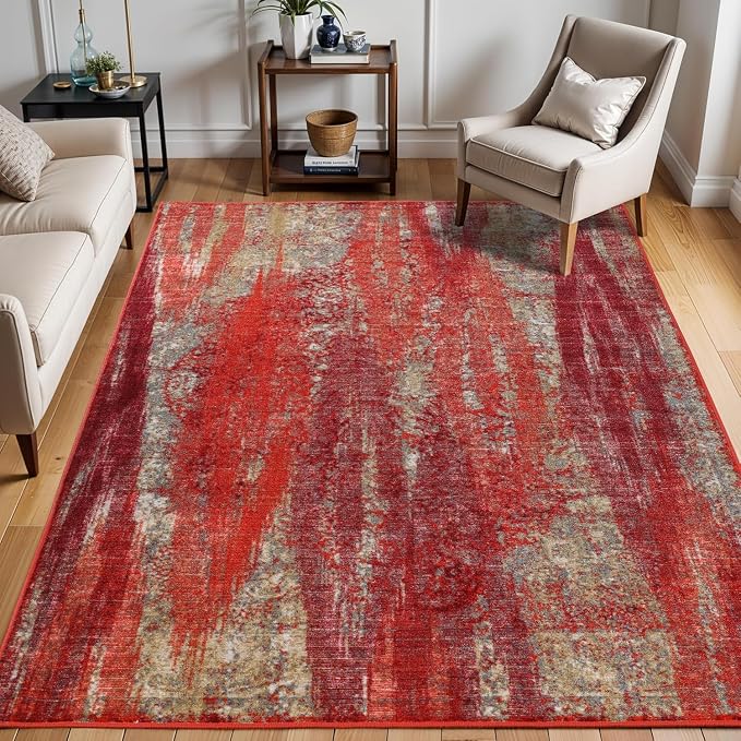 Superior Washable Indoor Area Rug, for Dining, Kitchen, Office, Modern Floor Decor, Soft Aesthetic Rugs, Abstract Brushstrokes Indoor Rug, Brayton Collection, 5' x 8', Orange by SUPERIOR