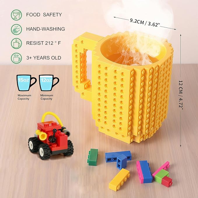 Lumsburry Build-on Brick Coffee Mug, Funny DIY Unique Novelty Drinking Cup | Building Blocks Creative Mug, for Men Women Kids Dad Mom, Present Exchange Ideas, Xmas Birthday White Elephant(Yellow) - Image 2