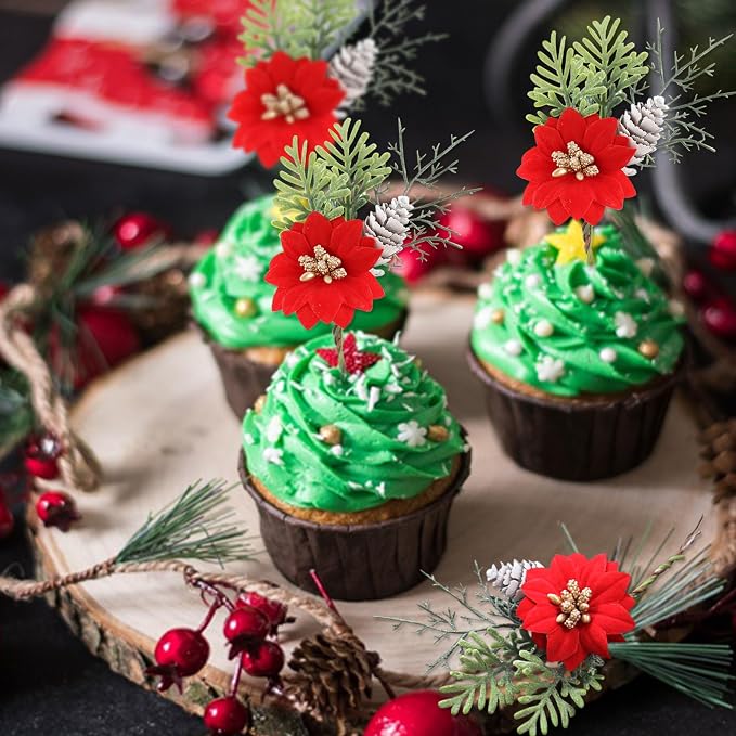 32PCS Christmas Cupcake Toppers Picks With Flowers, Pinecone, Pine Tree for Merry Christmas Table and Baby Shower Decorations Supplies - Image 5