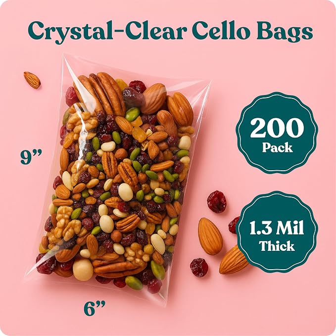 6x9 Self Sealing Cellophane Bags (200 Pack) - Clear Cookie Bags | Pretzel Rod Bags With Seal for Baked Goods Packaging, Cookie Wrappers, Bakery Packaging, Bake Sale, Candy, Treats, Gifts - Image 2