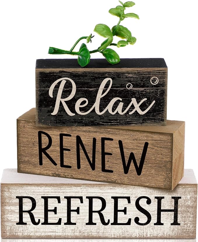 Moucuny 4 Pcs Bathroom Shelf Decor Sign Farmhouse Bathroom Decor and Accessories Rustic Eucalyptus Leaves Block Sign Gift Relax Renew Refresh Farmhouse Table Centerpiece for Home Office Toilet by Moucuny
