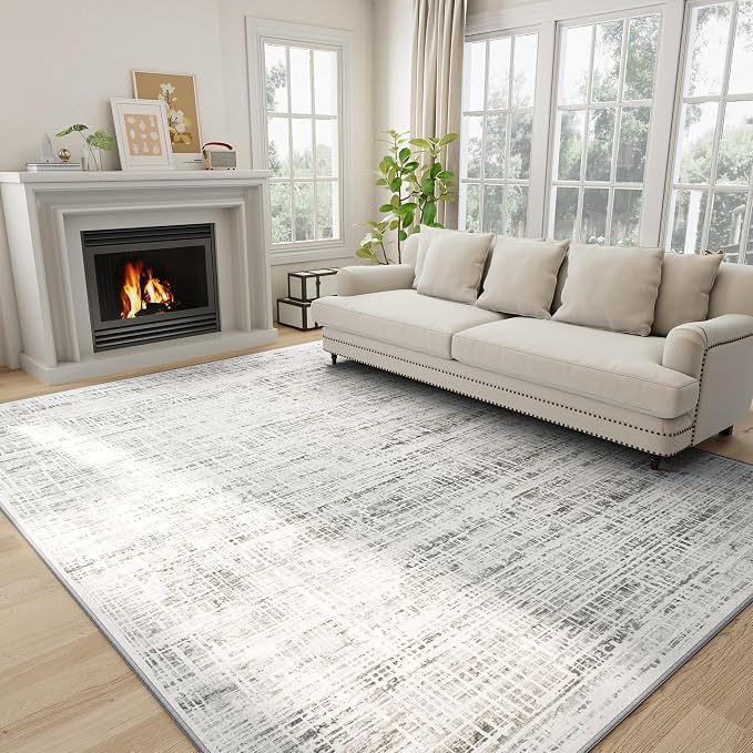 5x7 Washable Area Rug for Living Room Bedroom: Non-Slip Modern White Gray | Machine Washable TPR Backing, Stain-Resistant Low Pile, Pet & Kid Friendly, Abstract Decor for Dining Room, Dorm, Home Office by Oriannal