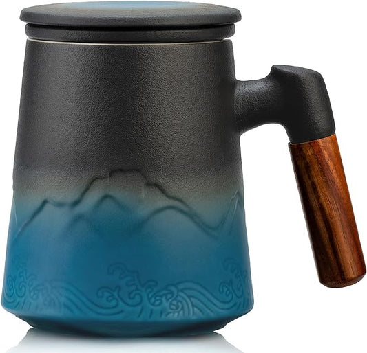 suyika Tea Cup with Infuser and Lid, 15.2 Ounce Wood Handle Ceramic Loose Leaf Mug Gradient Black&Blue 450ml by suyika