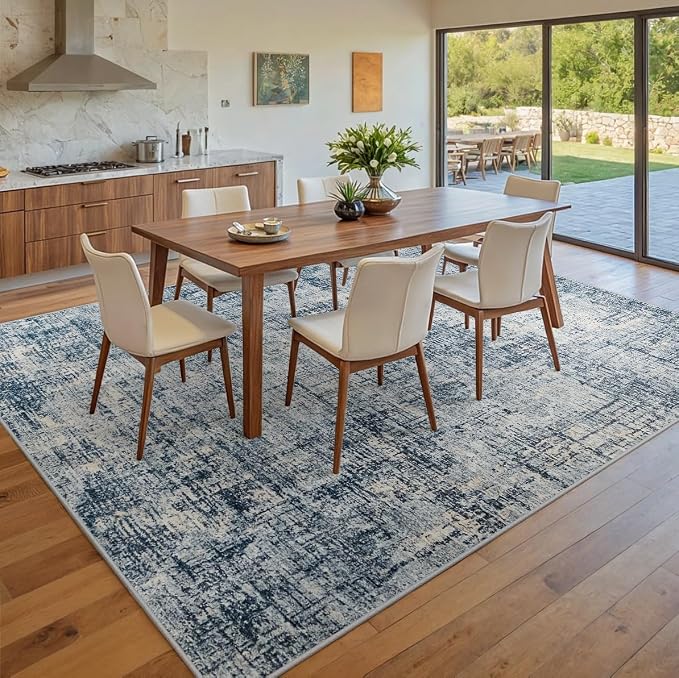 10x14 Washable Area Rug for Living Room Bedroom: Non-Slip Modern Blue Gold | Machine Washable TPR Backing, Stain-Resistant Low Pile, Pet & Kid Friendly, Abstract Decor for Dining Room, Dorm, Home Office - Image 8