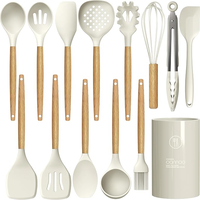 oannao Silicone Cooking Utensils Set - 446°F Heat Resistant Silicone Kitchen Utensils for Cooking,Kitchen Utensil Spatula Set w Wooden Handles, BPA FREE Gadgets for Non-Stick Cookware (Khaki) by oannao