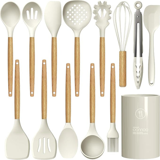 oannao Silicone Cooking Utensils Set - 446°F Heat Resistant Silicone Kitchen Utensils for Cooking,Kitchen Utensil Spatula Set w Wooden Handles, BPA FREE Gadgets for Non-Stick Cookware (Khaki) by oannao