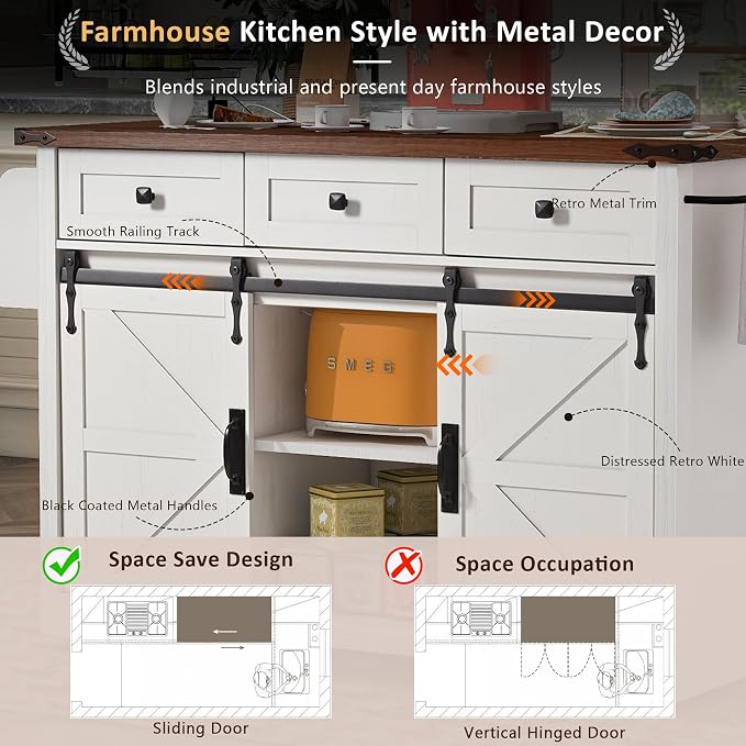 Farmhouse Kitchen Island on Wheels with Drop Leaf & Power Outlet, 53.7-Inch Rolling Storage Island Cart with Drawers, Sliding Barn Door Cabinets, Spice Rack (Retro White) - Image 6
