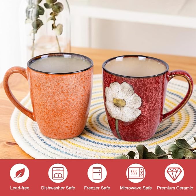 12oz Coffee Mugs Set of 4, Hand-Painted Floral Stoneware Cups with Handle, Dishwasher Microwave Oven Safe, Cappuccino Mugs for Latte, Tea, Espresso & Hot Cocoa, for Home Kitchen & Cafe, Mix - Image 4