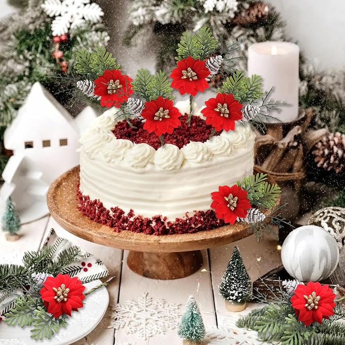 32PCS Christmas Cupcake Toppers Picks With Flowers, Pinecone, Pine Tree for Merry Christmas Table and Baby Shower Decorations Supplies - Image 3