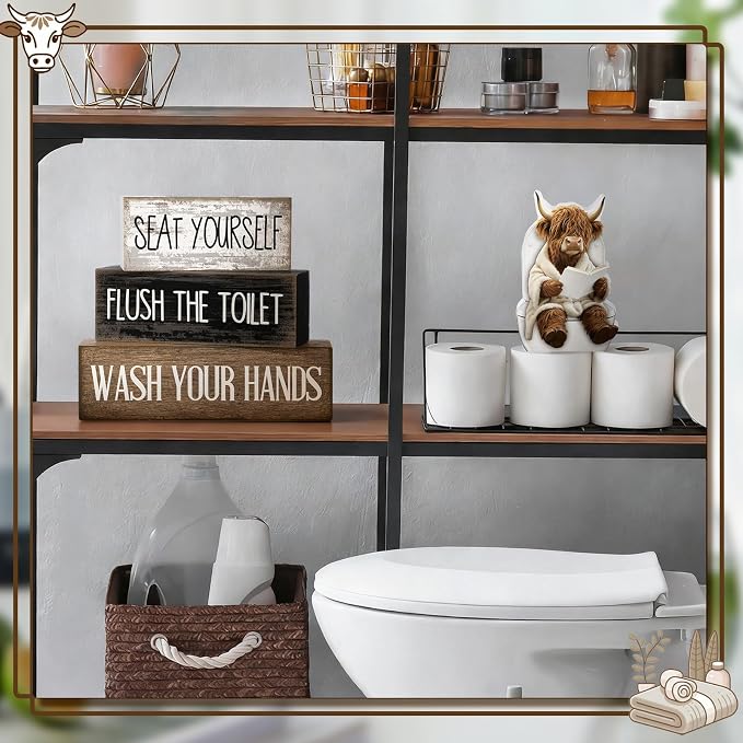 Moucuny 4 Pcs Highland Cow Bathroom Decor Set Funny Rustic Wooden Tiered Tray Signs with Highland Cow Toilet Figurine, Farmhouse Bathroom Shelf Decor, Etiquette Reminders for Restroom Toilet Vanity - Image 7