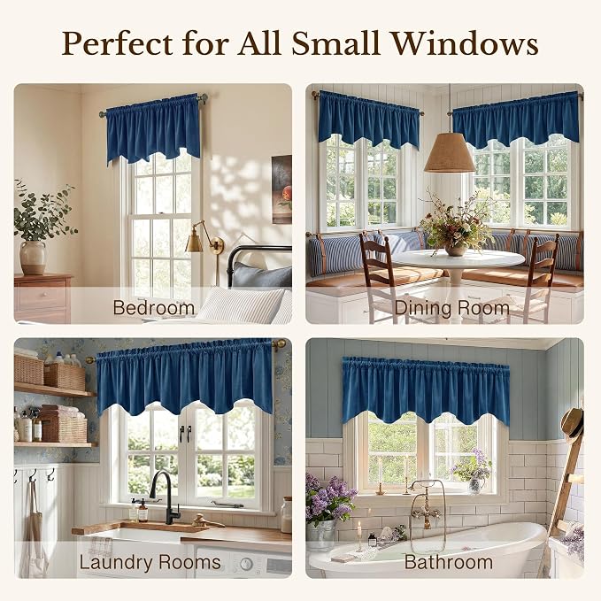 Blue Scalloped Window Valance 52x18 Inch 1 Panel | Premium Kitchen Velvet Window Treatments, Decorative Wavy Short Drapes for Bathroom, Over Sink RV, Rod Pocket - Image 6