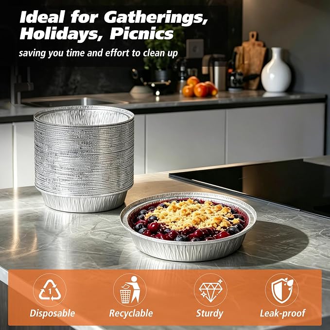 8" Round Aluminum Pans Pie Tins - 20 Pack Disposable Foil Baking Pans for Pies, Pot Pies, Quiche, Tarts and Casseroles, Oven/Freezer Safe Cake Baking Pans - Image 4