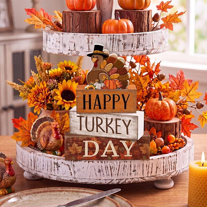Moucuny 4 Pcs Fall Table Decorations for Home Thanksgiving Turkey Wooden Stacked Sign Decor Thanksgiving Tiered Tray Decor Rustic Happy Turkey Day Block Sign for Autumn Harvest Party Kitchen Shelf - Image 5