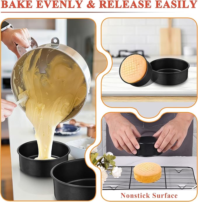 E-far Nonstick Cake Pan Set of 3, 5/7/9 Inch Stainless Steel Baking Pans Tins, Round Bakeware for Layer Cakes, Stainless Steel Core & Non-Toxic Coating, Straight Side & 2 Inch Deep - Image 4