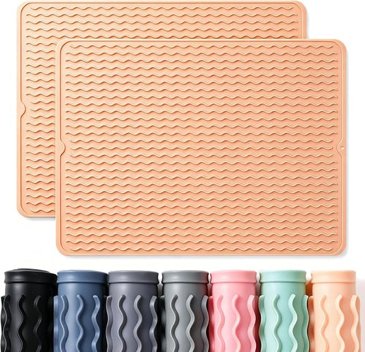 2 Pack Caketime Silicone Dish Drying Mat for Kitchen Counter Waterproof Place mats Sink Protector Stove Top Organizer Cooking Appliance Trays Dryer Rack Drainers Items Extra Large 24"x18" Beige by CAKETIME
