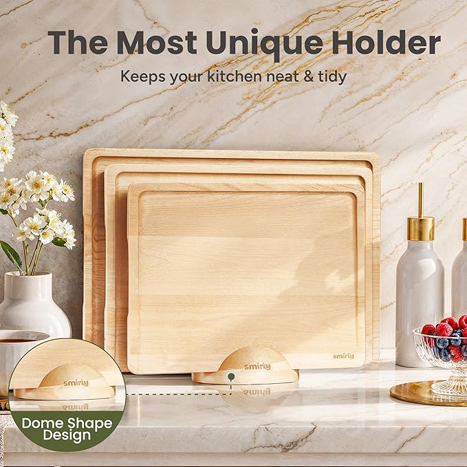 SMIRLY Cutting Boards for Kitchen, 3 Piece Birch Cutting Board with Stand | Non Toxic Wooden Cutting Board with Juice Grooves and Handles, Multiple Sizes Chopping Boards for Meat Vegetable Charcuterie - Image 4
