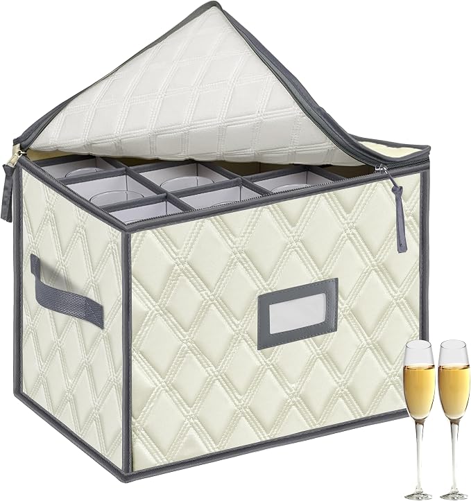 Champagne Flute Storage Box,Quilted Stemware Storage Box Shell, Stackable Champagne Glass Container,Wine Glass, Crystal Glassware, Drinkware Case for Moving Transport by VERONLY